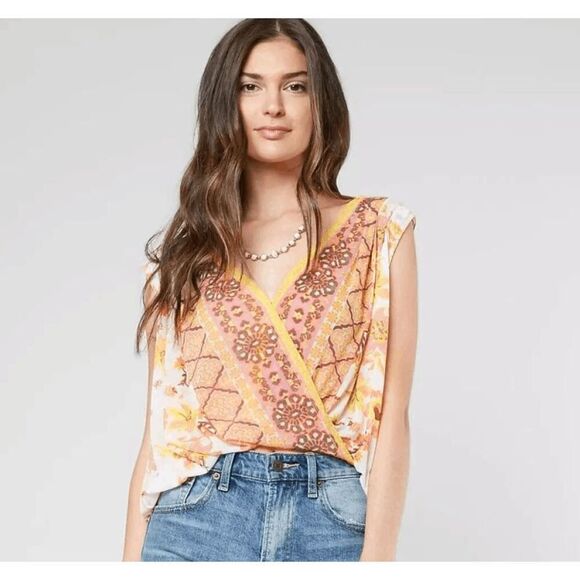 Free People Havana Muscle Tank Boho Floral Print Ivory Background Size Large - Picture 1 of 10